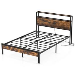 Costway - Full Bed Frame with Storage Headboard Charging Station 18W USB C Port Rustic - Brown