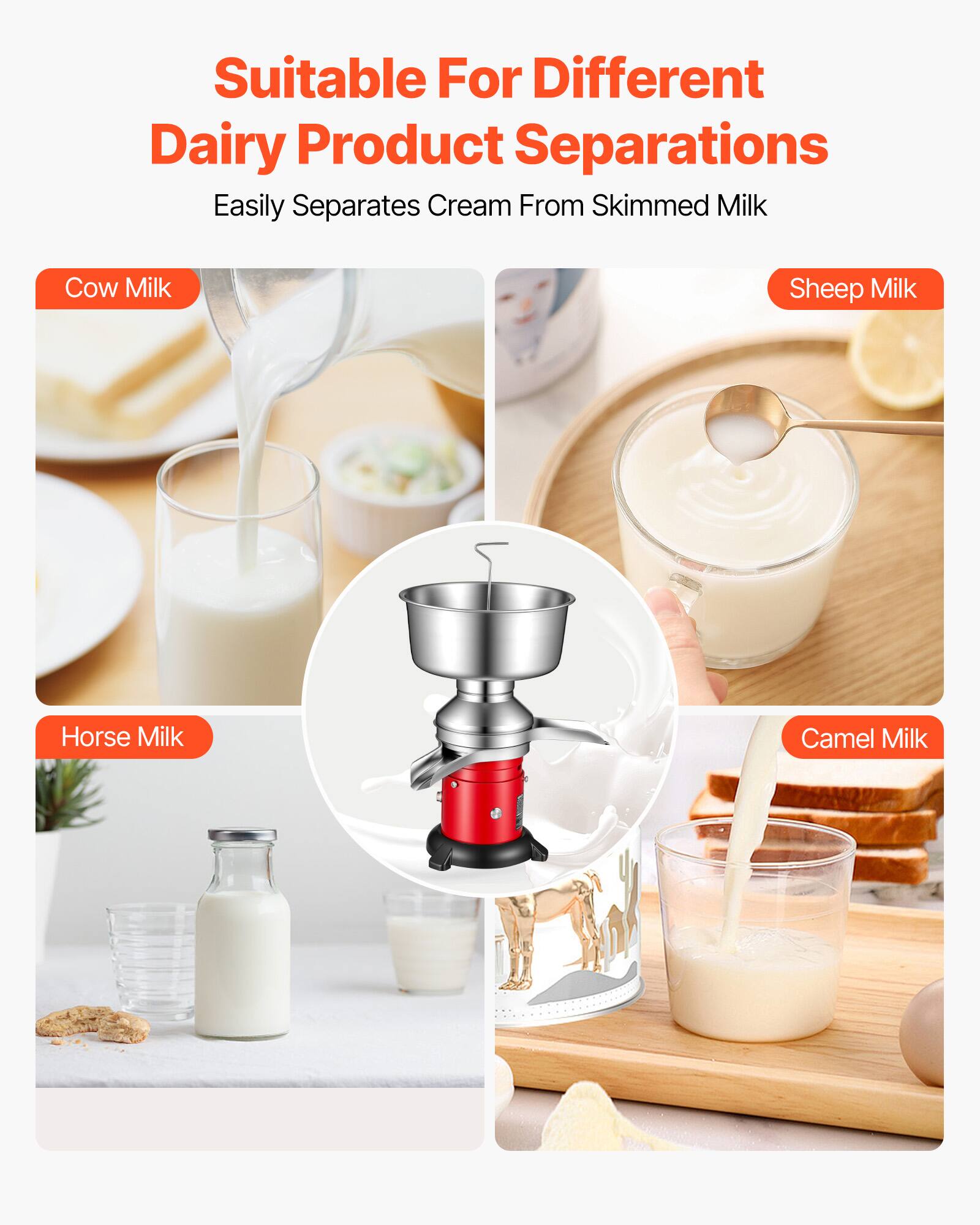 Suitable For Different Dairy Product Separations  
Easily Separates Cream From Skimmed Milk  

- Cow Milk  
- Sheep Milk  
- Horse Milk  
- Camel Milk