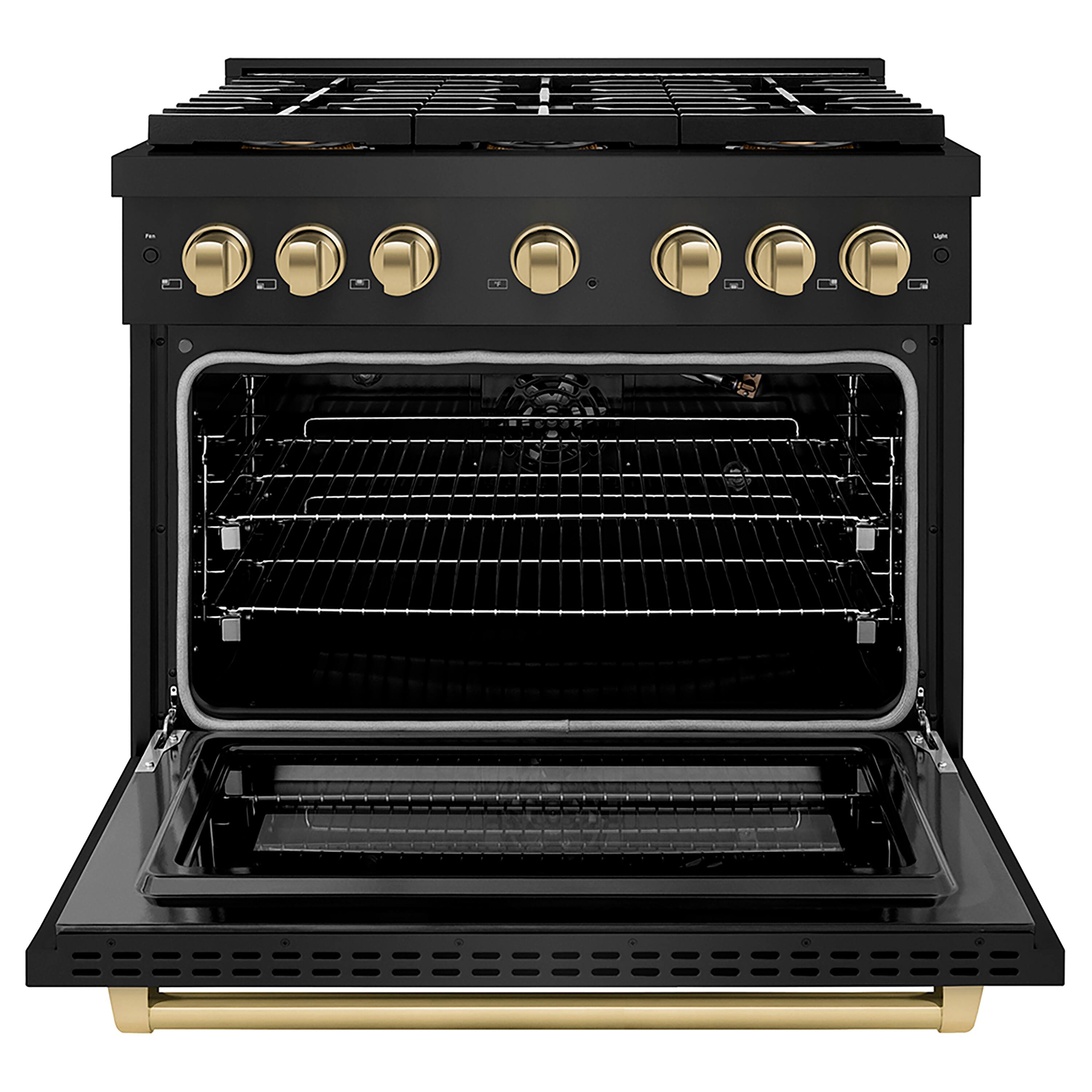 Angle. ZLINE - ZLINE Autograph 36 in. Black Stainless Paramount Gas Range with 6 DuoPro Burners w/ Bronze Accents (PSGRBZ-36-CB) - Black Stainless Steel.