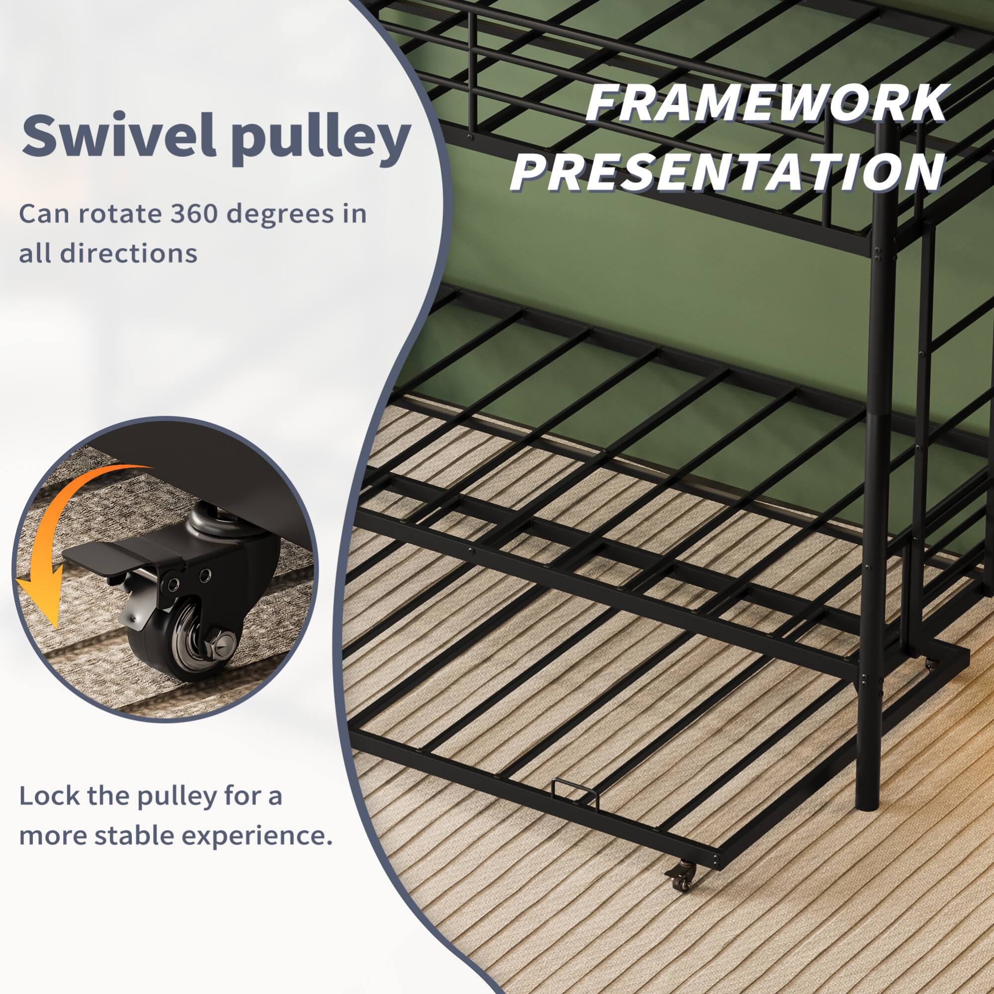 **FRAMEWORK PRESENTATION**

**Swivel pulley**  
Can rotate 360 degrees in all directions

Lock the pulley for a more stable experience.