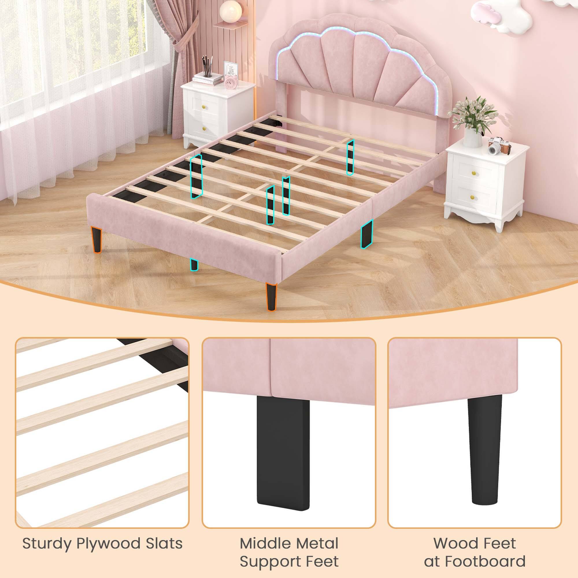 The text on the image reads: "Sturdy Plywood Slats Middle Metal Support Feet Wood Feet at Footboard."