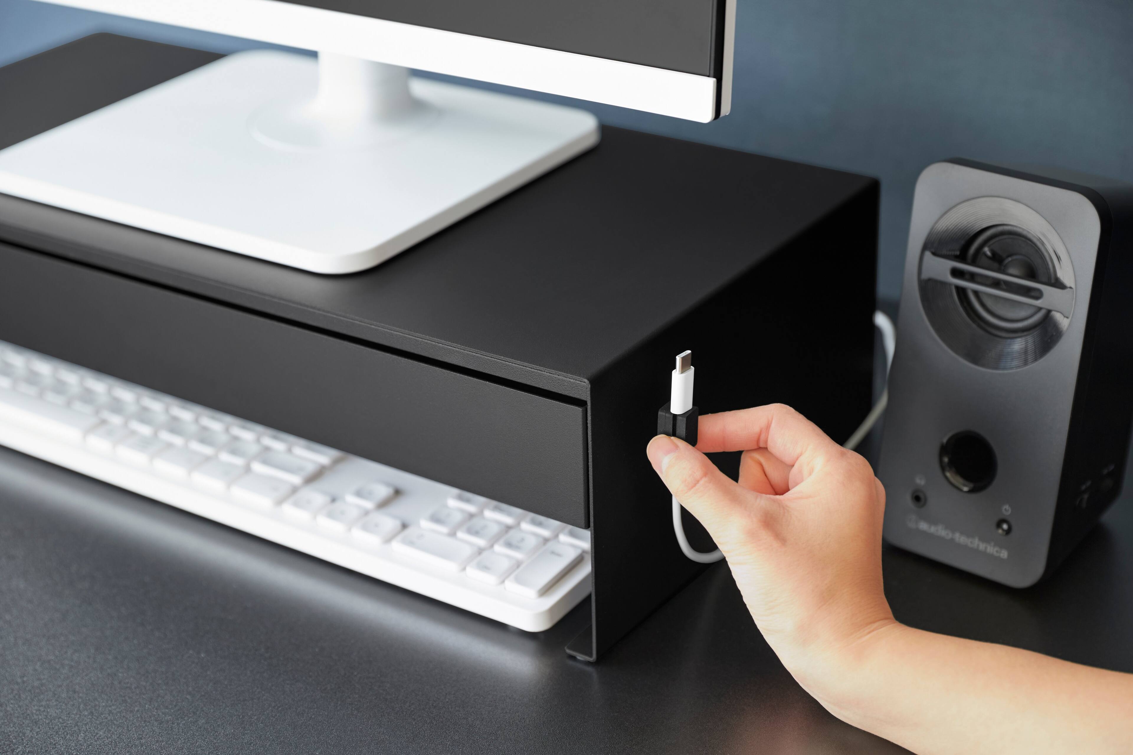 Back. Yamazaki Home - Monitor Stand With Drawer - Steel - Black.
