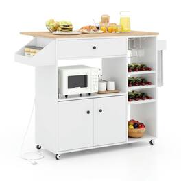 Kadyn - Drop Leaf Mobile Kitchen Island Cart with Power Outlet and Adjustable Shelf-White, Kitchen Island, Island Table - White