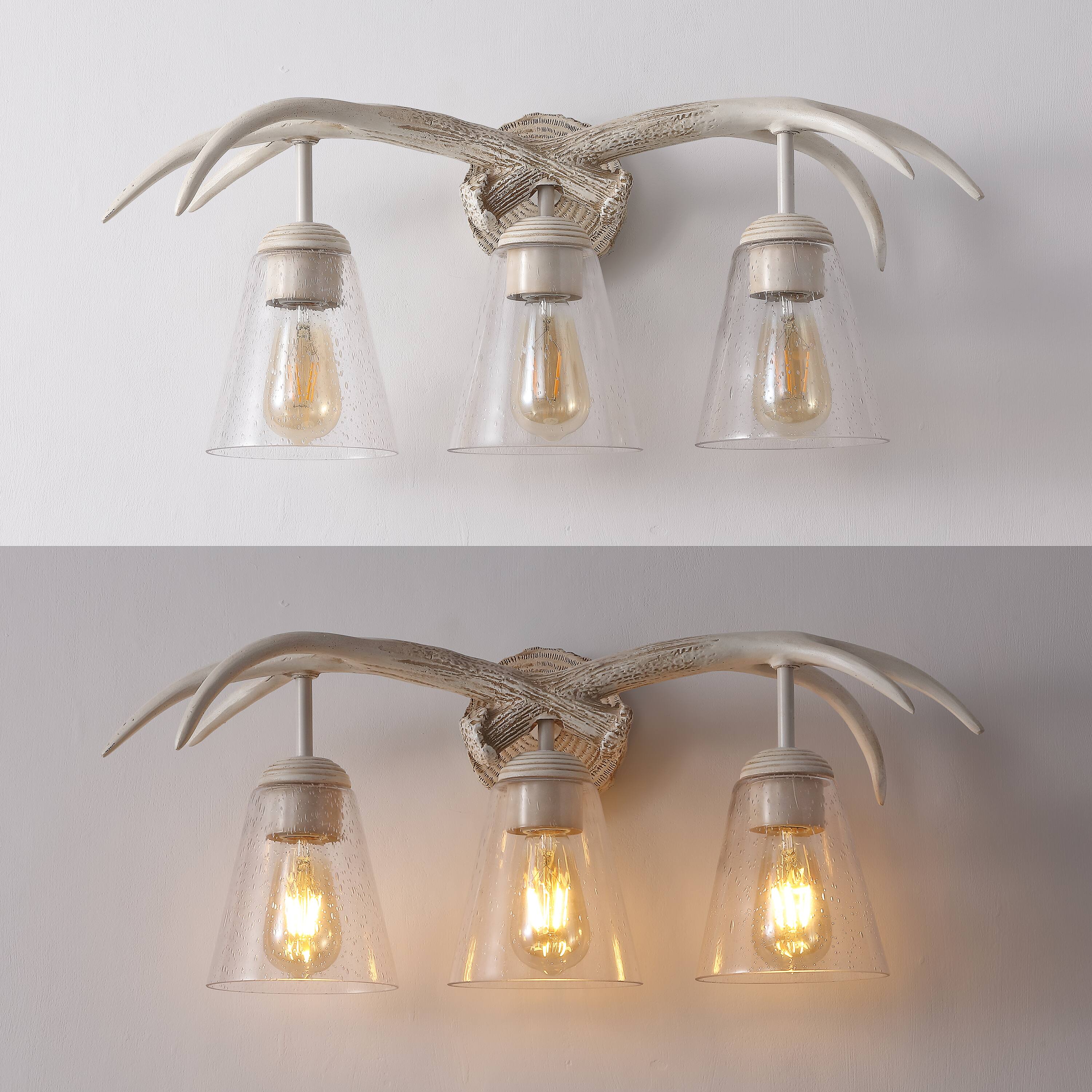 Alt View 6. Jonathan Y - Wyatt 25.5" 3-Light Southwestern Bohemian Resin/Seeded Glass Faux Antler LED Vanity Light,  Antique White Wood Finish - Antique White.