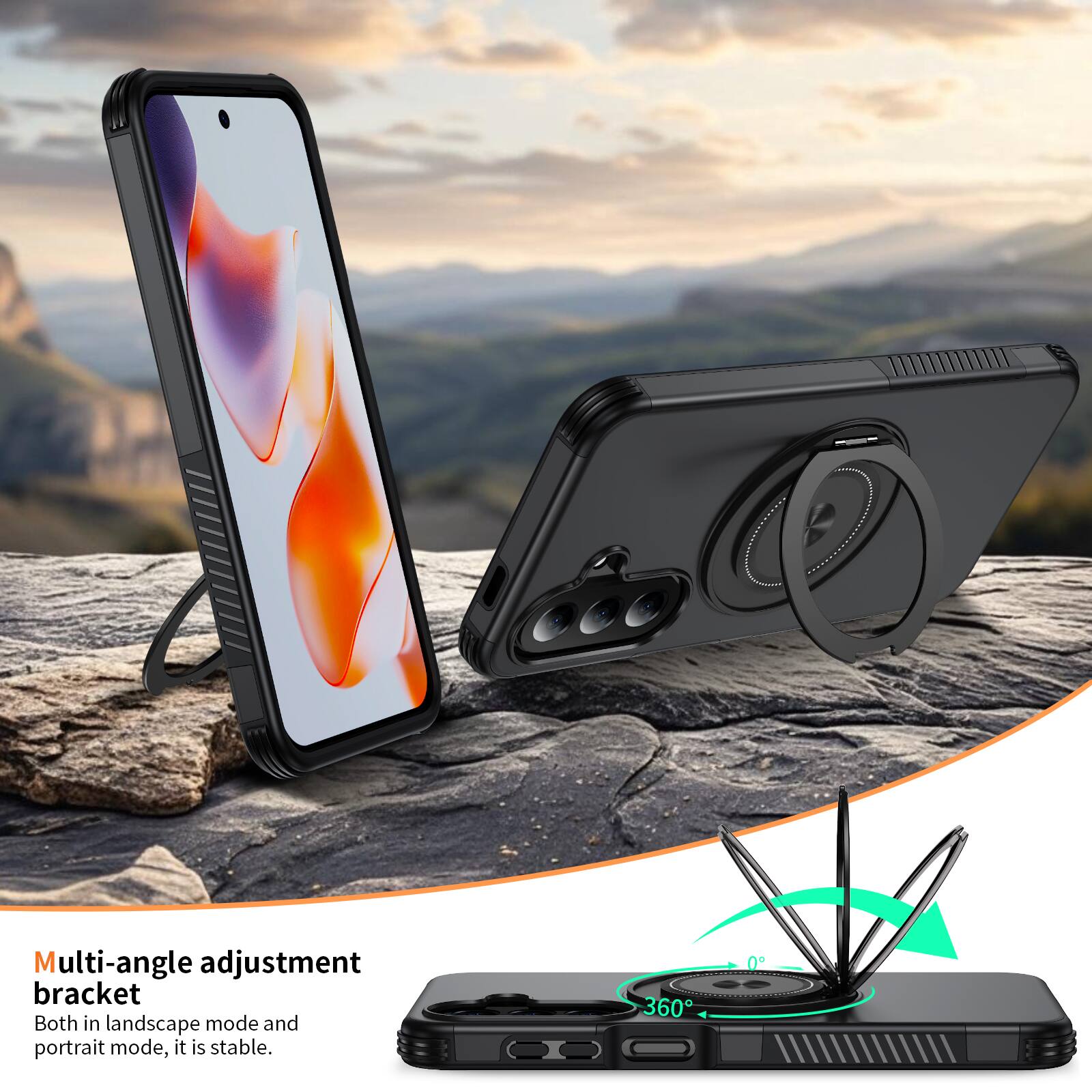 Multi-angle adjustment bracket  
Both in landscape mode and portrait mode, it is stable.  
360°