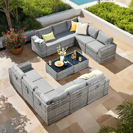 Ovios - 12 PCS Outdoor Patio Furniture Rattan Sectional Sofa with Coffee Table for Backyard - Dark Gray