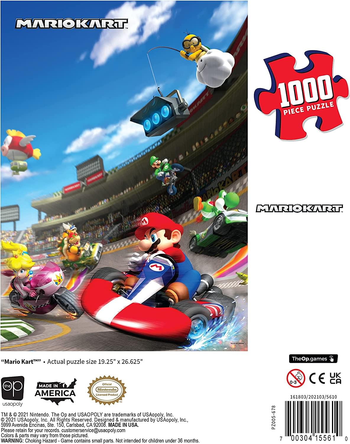 **MARIOKART**

**1000 PIECE PUZZLE**

**"Mario Kart"**  
Actual puzzle size 19.25" x 26.625"

**MADE IN AMERICA**

**Official Nintendo Licensed Product**

**TM & © 2021 Nintendo. The Op and USAOPOLY are trademarks of USAopoly, Inc. © 2021 USAopoly, Inc. All Rights Reserved.**  
Designed & manufactured by USAopoly, Inc., 5999 Avenida Encinas, Ste. 150, Carlsbad, CA 92008. MADE IN USA.  
Please retain for your records.  
customerservice@usaopoly.com

**Colors & parts may vary from those pictured.**

**WARNING: Choking Hazard - Game contains small parts. Not intended for children under 36 months.**

**TheOp.games**  
**UK 0-3**  
**CE CA**  
**161803/202103/5610**  
**PZ005-678**  
**7 00304 15561
