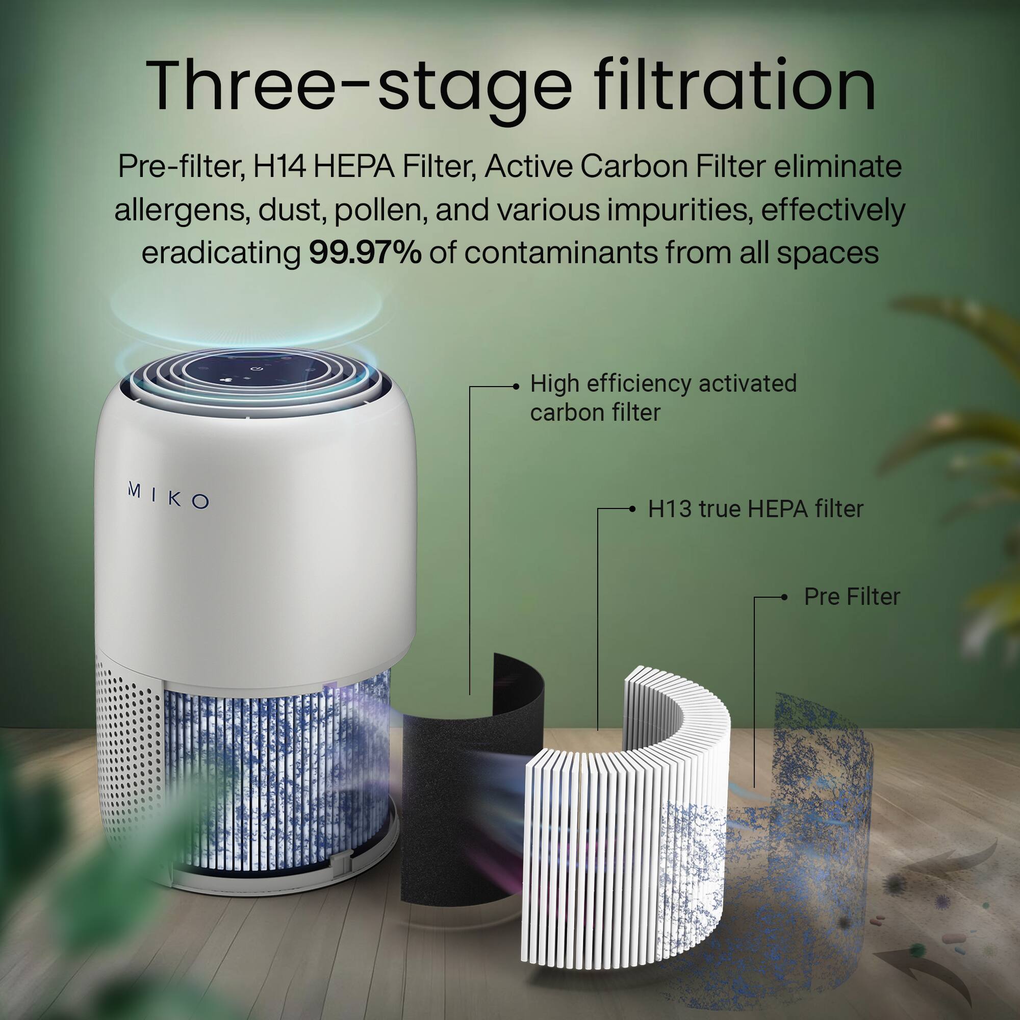 Three-stage filtration

Pre-filter, H14 HEPA Filter, Active Carbon Filter eliminate allergens, dust, pollen, and various impurities, effectively eradicating 99.97% of contaminants from all spaces

High efficiency activated carbon filter

MIKO H13 true HEPA filter

Pre Filter