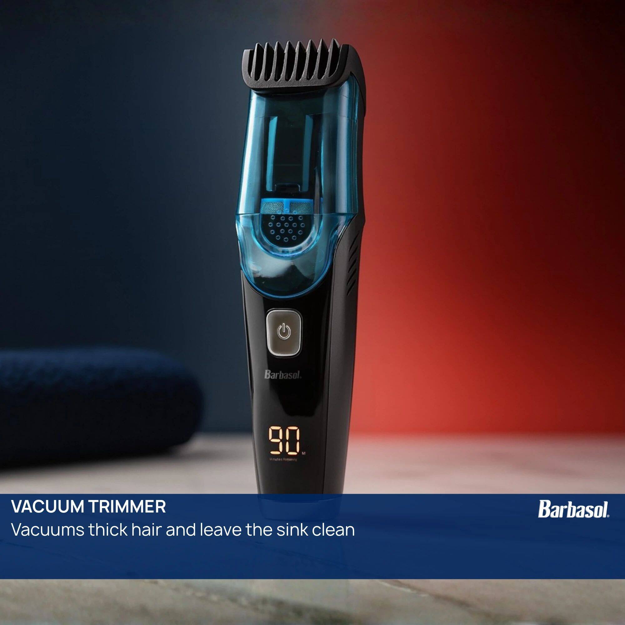Barbasol. 90 - VACUUM TRIMMER  
Vacuums thick hair and leave the sink clean