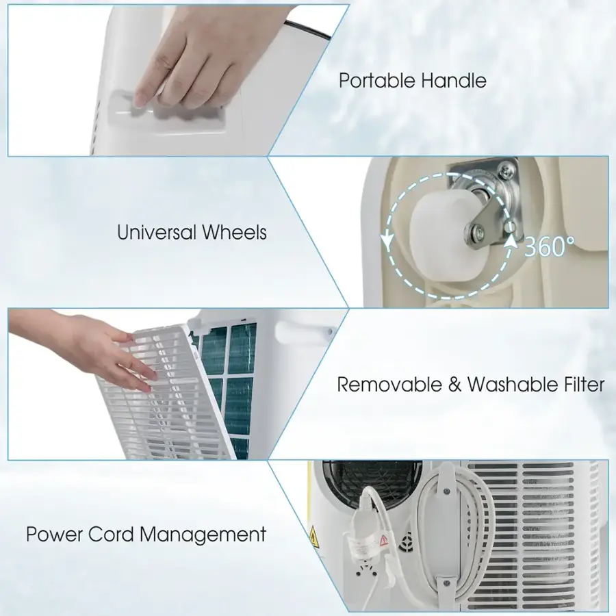 Portable Handle Universal Wheels 360 Removable & Washable Filter Power Cord Management