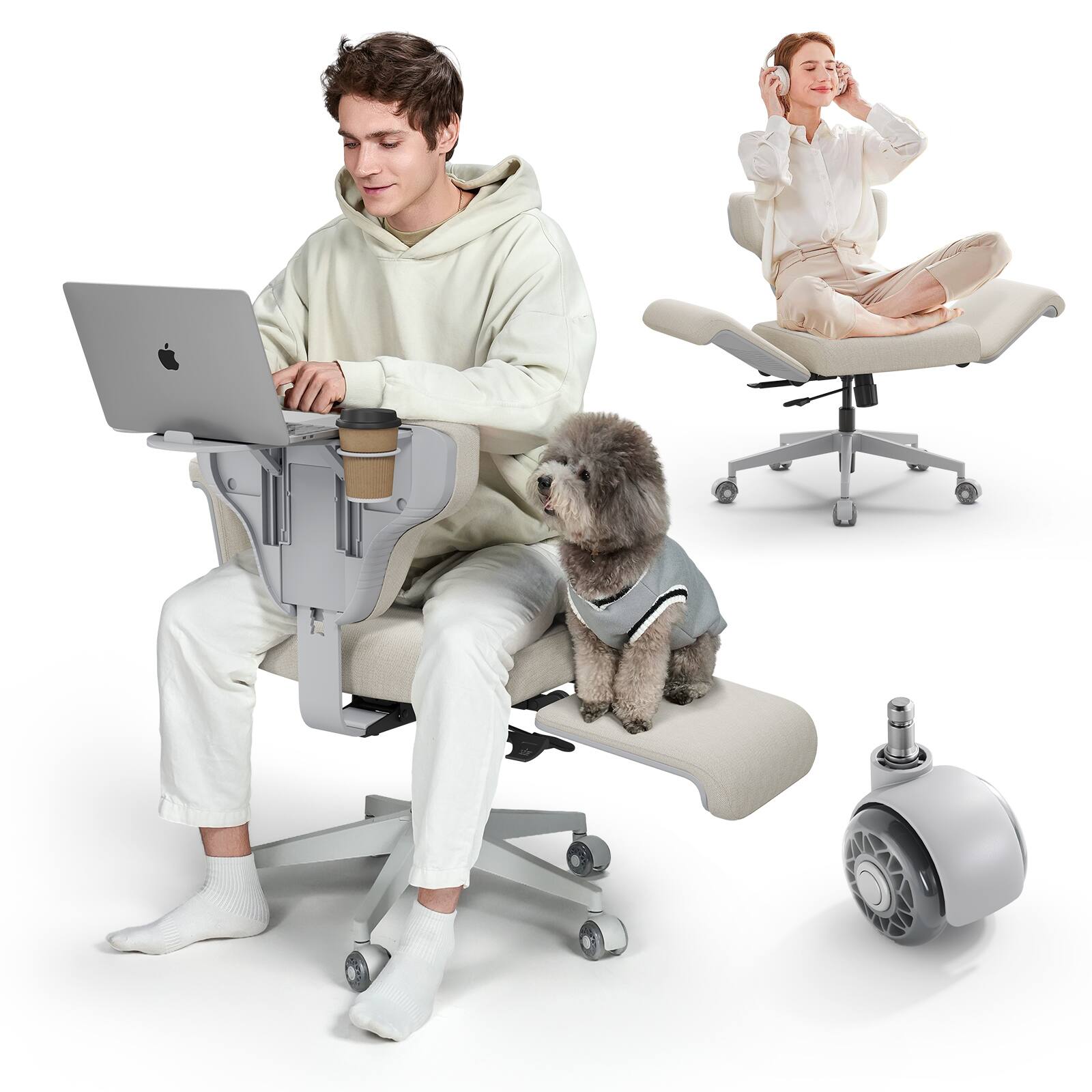 Left. Newtral - Freedom-X Ergonomic Criss Cross Adjustable Office Chair w/ Wheels Amrests Laptop Tray, Multi-Position Recliner for Home - Apricot .