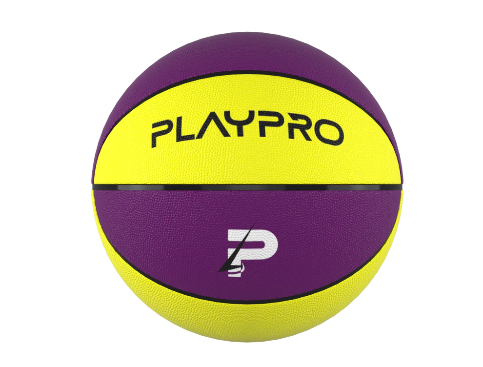 Angle. PlayProCo - Premium Rubber Basketball for Kids and Adults - Purple Yellow.