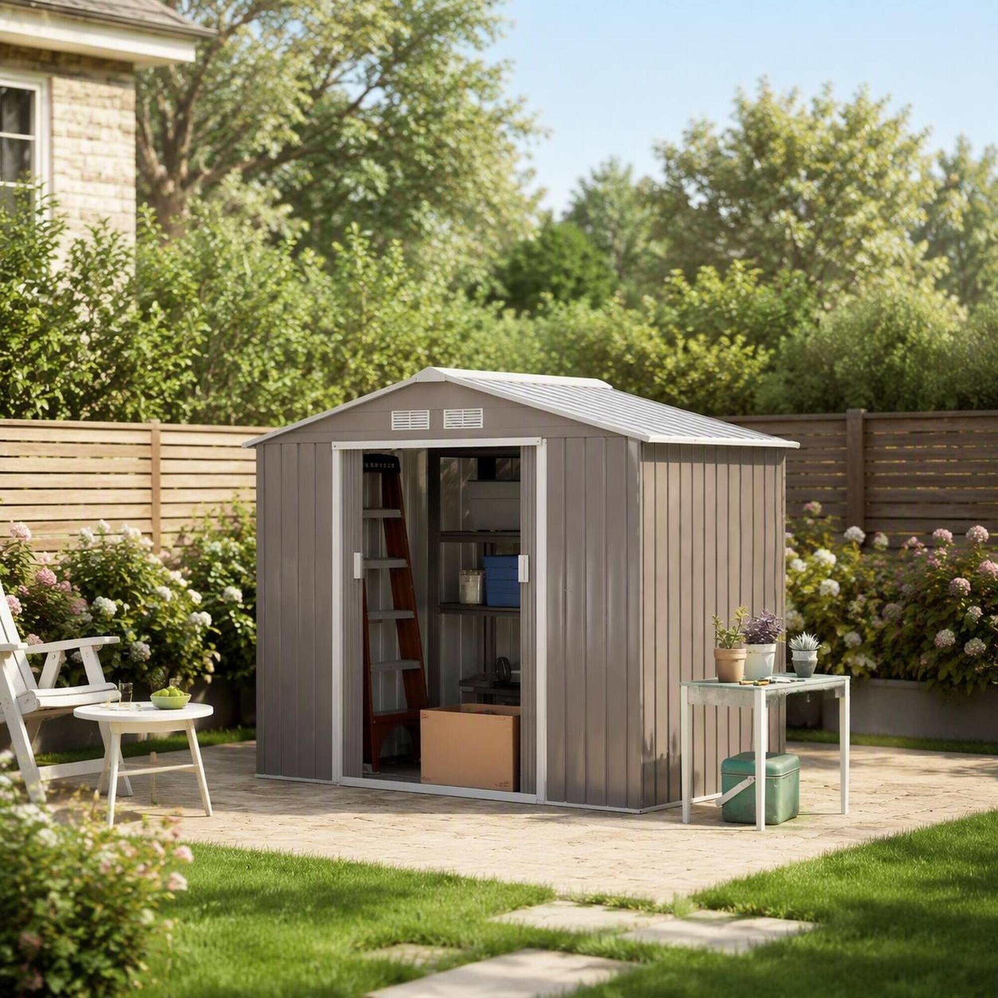 Angle. RYHNUYNE - Metal Garden Shed Sloped Roof 6.7x3.8x6.1ft Weatherproof Easy Assembly Storage - Gray.