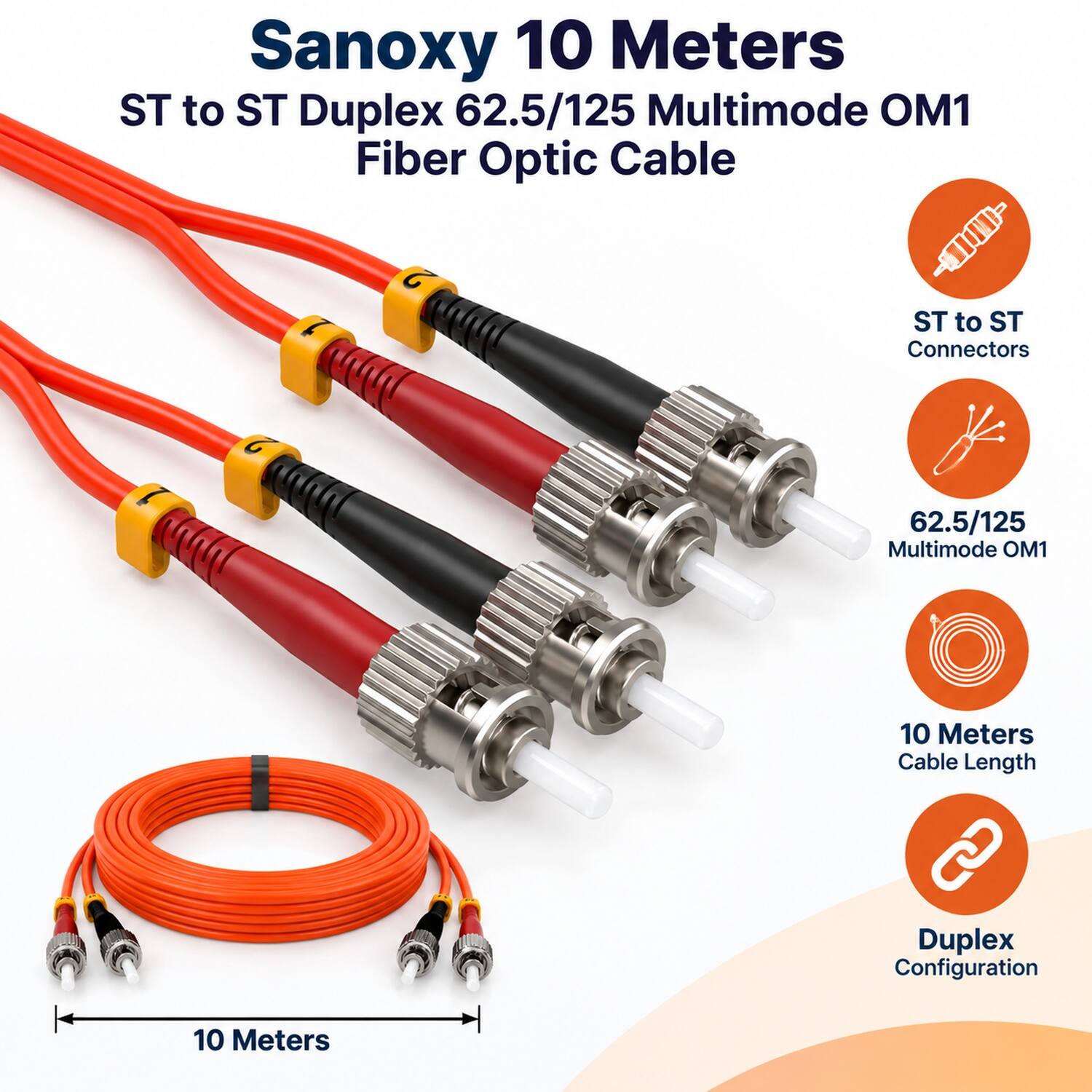 Sanoxy 10 Meters ST to ST Duplex 62.5/125 Multimode OM1 Fiber Optic Cable

- ST to ST Connectors
- 62.5/125 Multimode OM1
- 10 Meters Cable Length
- Duplex Configuration