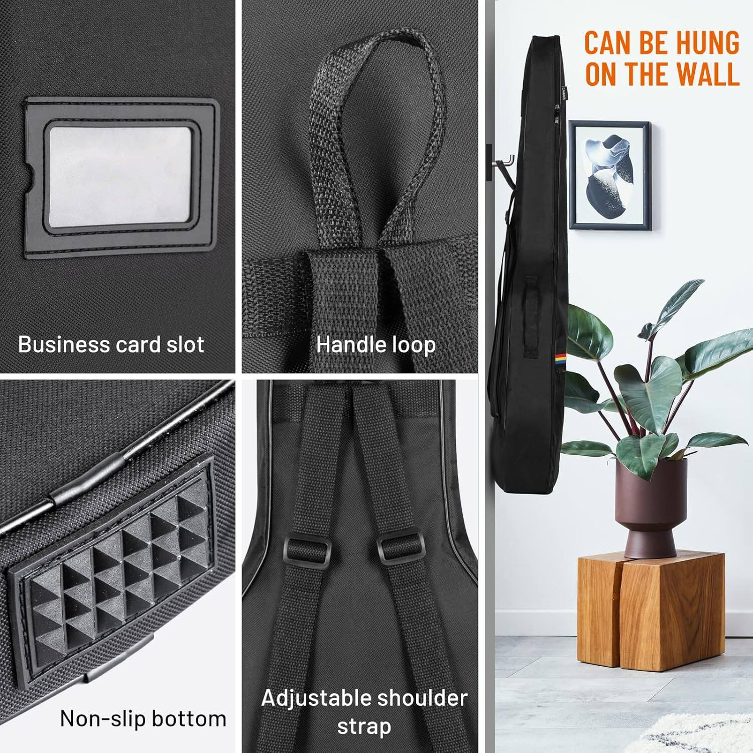 CAN BE HUNG ON THE WALL

- Business card slot
- Handle loop
- Adjustable shoulder strap
- Non-slip bottom