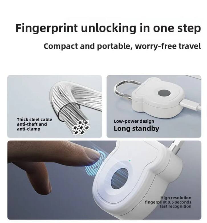 Fingerprint unlocking in one step  
Compact and portable, worry-free travel  

- Thick steel cable anti-theft and anti-clamp  
- Low-power design Long standby  
- High resolution fingerprint 0.5 seconds fast recognition