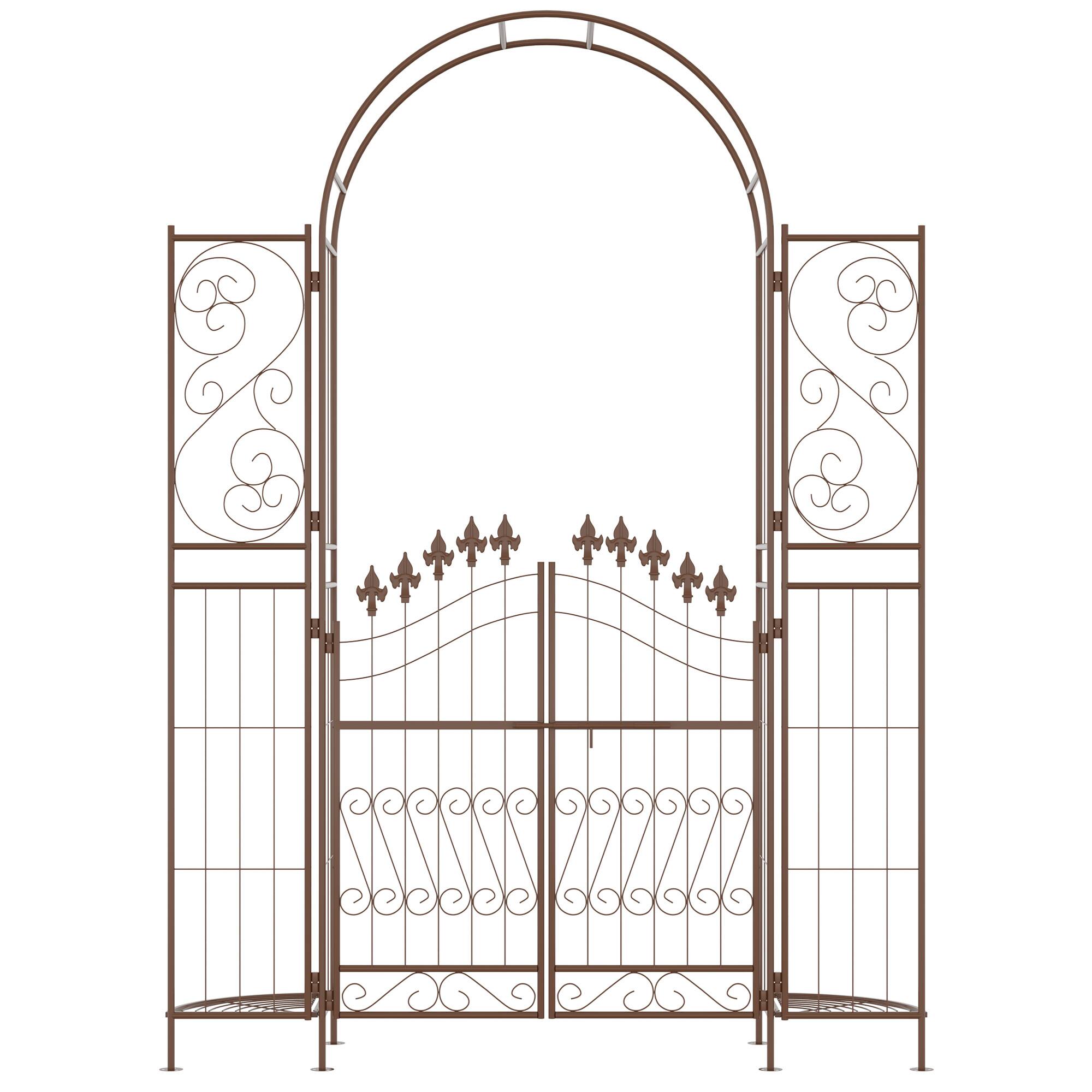 Alt View 7. Outsunny - Garden Arbor, Garden Arch with Gate, Planter Shelves for Climbing Vines, Ceremony, Weddings - Brown.