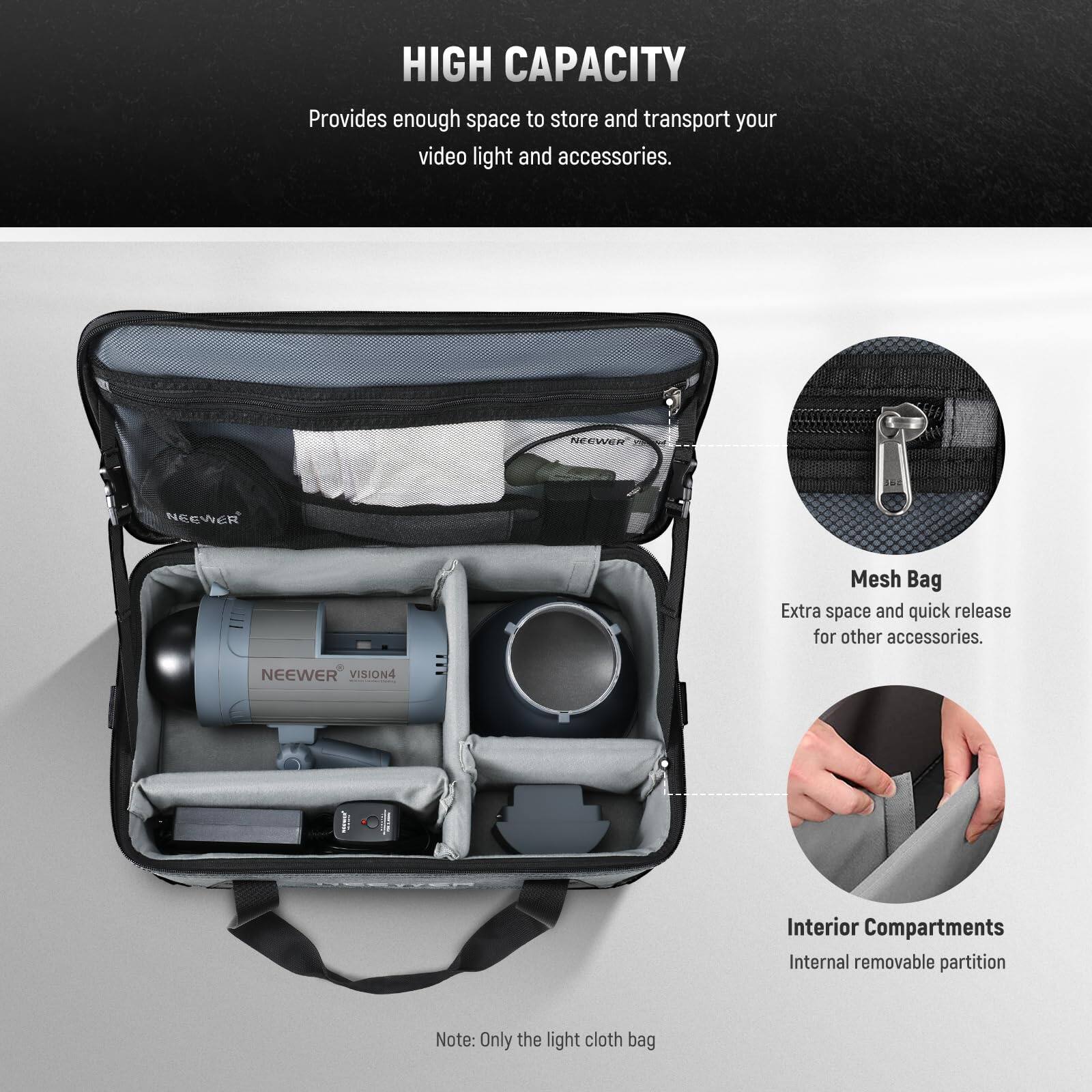 HIGH CAPACITY  
Provides enough space to store and transport your video light and accessories.

Mesh Bag  
Extra space and quick release for other accessories.

Interior Compartments  
Internal removable partition

Note: Only the light cloth bag