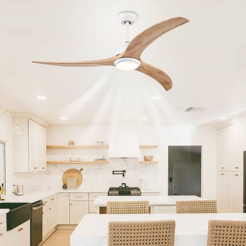 Alt View 4. LUCKY ONE - 52" Indoor Outdoor Ceiling Fan with Light Remote 6-Speed Wood Blades - Matte White,Natural Wood.