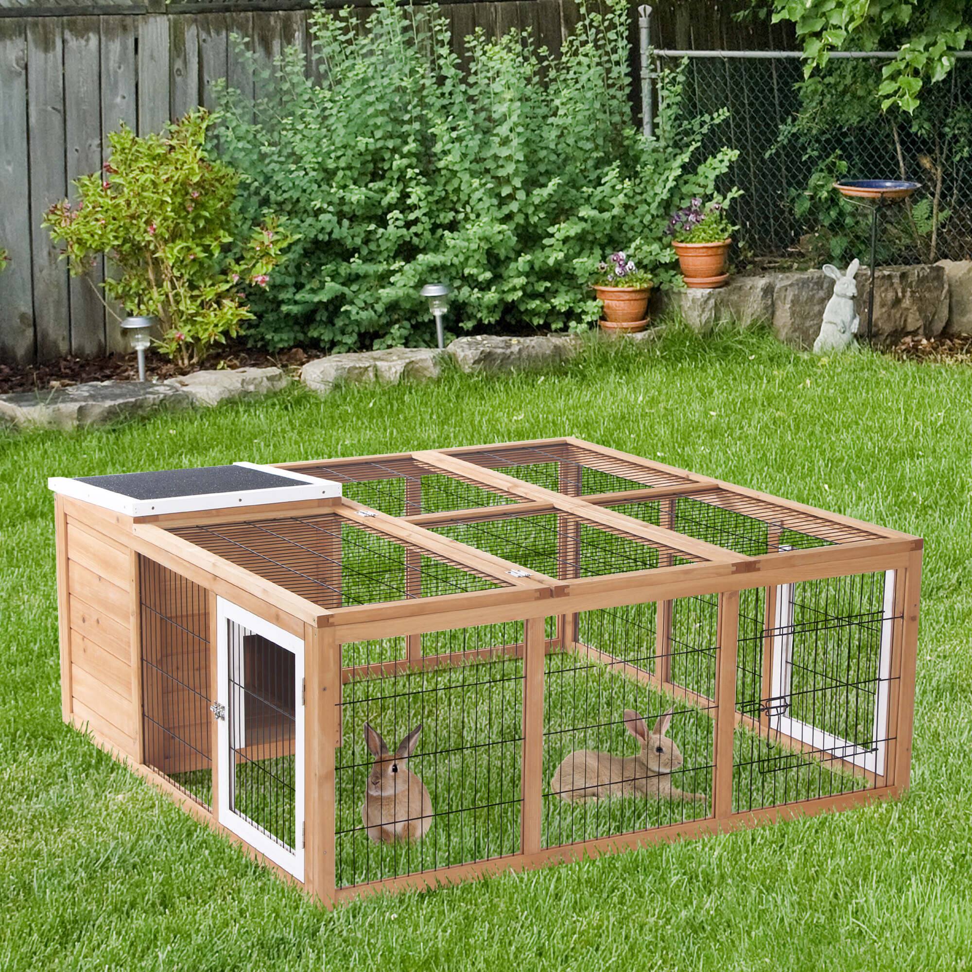 Angle. Pawhut - Rabbit Hutch with Openable Main House, Indoor Outdoor, Waterproof, Guinea Pig Cage with Three Ventilation Doors.