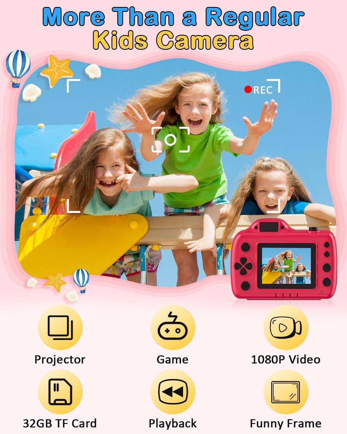 More Than a Regular Kids Camera

- Projector
- Game
- 1080P Video
- 32GB TF Card
- Playback
- Funny Frame