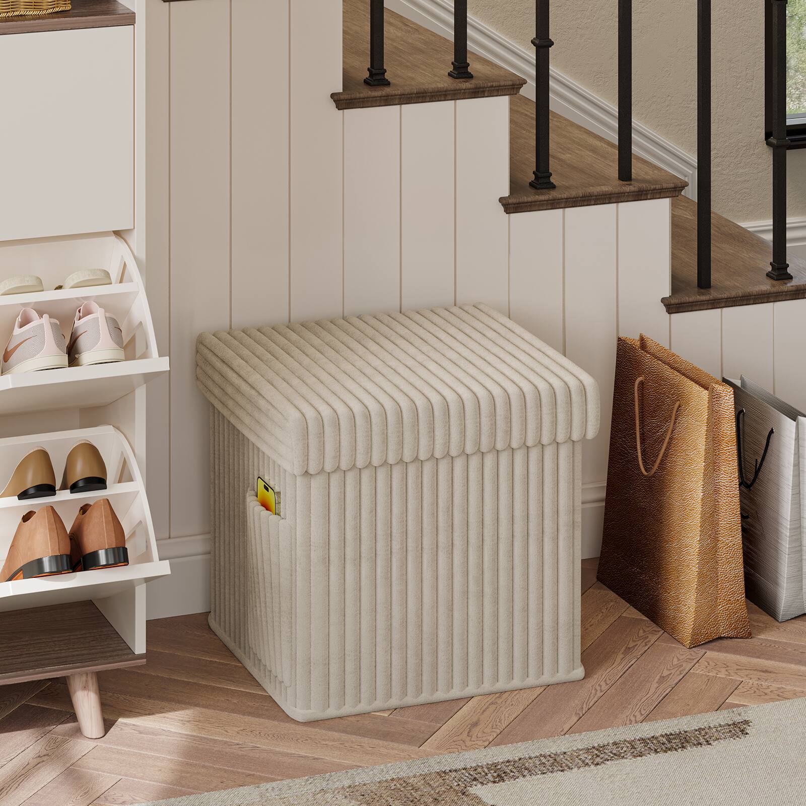 Angle. Pinmoco - Pinmoco- Corduroy Ottoman Plush Foldable Bench with Free Cozy Blanket - Off-White.