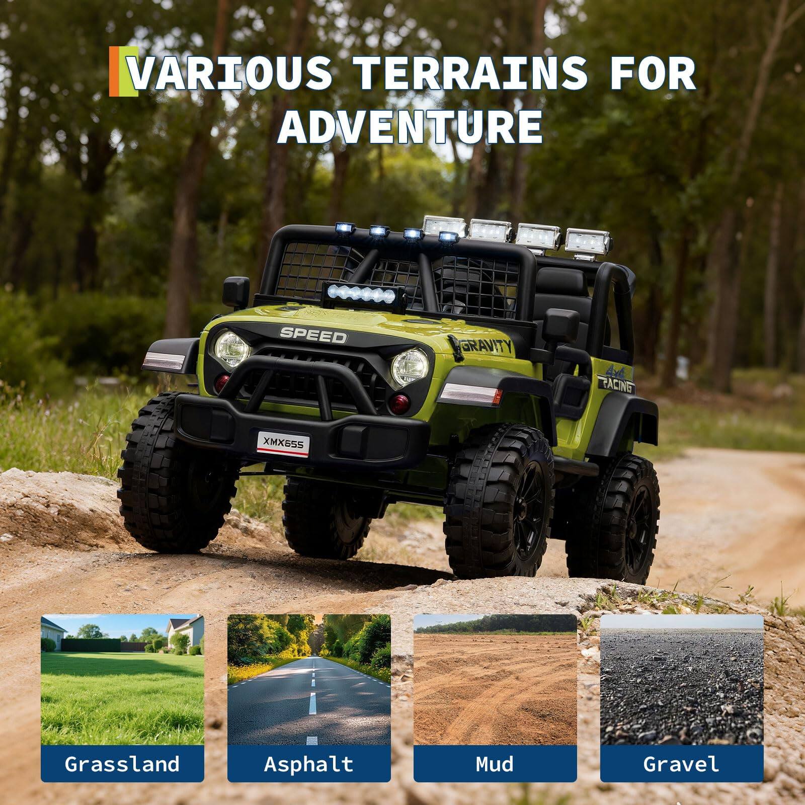 VARIOUS TERRAINS FOR ADVENTURE

Grassland  
Asphalt  
Mud  
Gravel