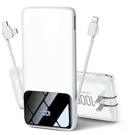 Trigiz - 10000mAh Portable Charger with AC Wall Plug & Built-in Cable, 15W Fast Charging Slim USB C Battery Pack - White