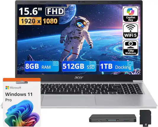 15.6" FHD 1920 x 1080 D Copilot Key WiFi 5 720p Webcam 8GB RAM 512GB SSD 1TB Docking acer Microsoft Windows 11 Pro