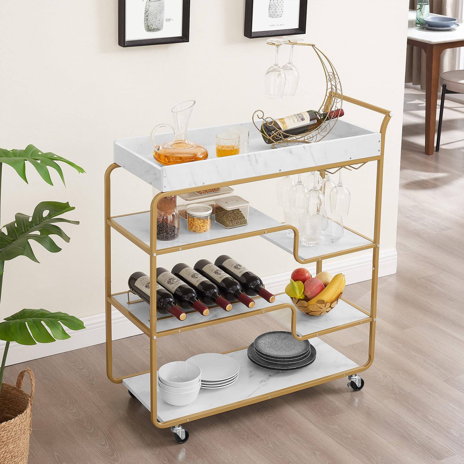 Alt View 6. Ecooso - 6-Tier Bar Cart with Wine Rack, Glass Holder, and Retro Design - Gold.