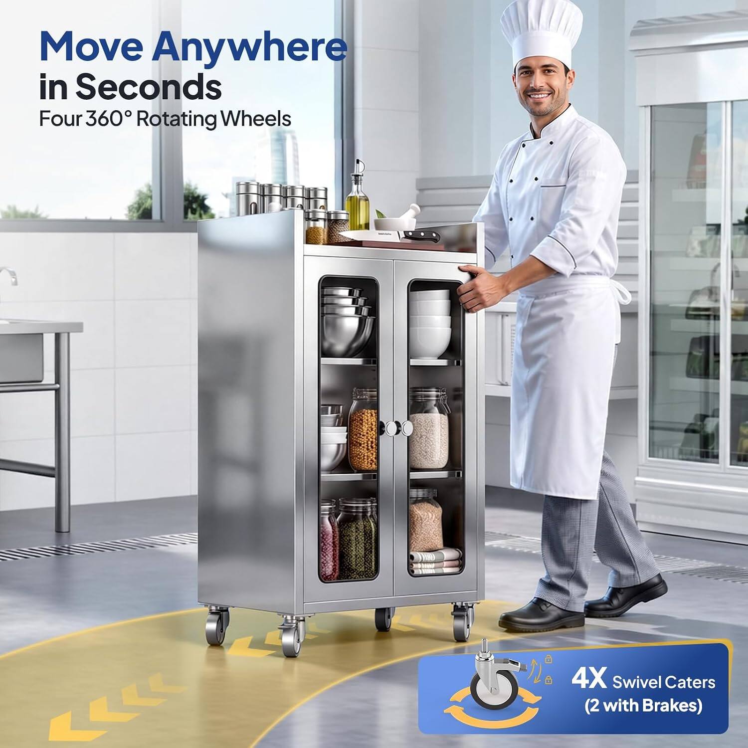 Move Anywhere in Seconds  
Four 360° Rotating Wheels  
4X Swivel Caterers (2 with Brakes)