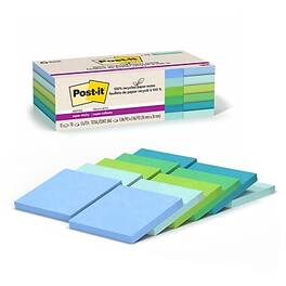 Post-it - Recycled Super Sticky Notes, 3" x 3", Oasis Collection, 70 Sheets/Pad, 12 Pads/Pack - Assorted