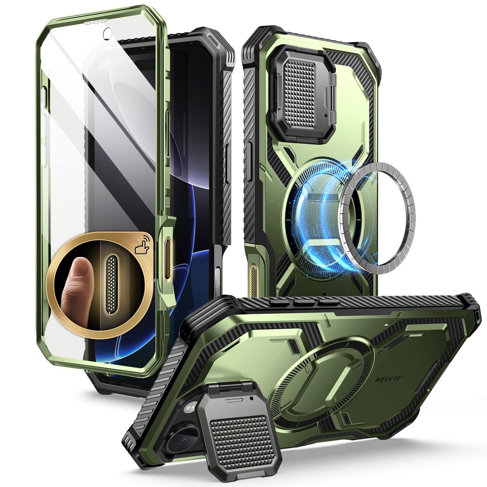 Left. i-Blason - i-Blason Armorbox Case for iPhone 16 Pro – MagSafe, Kickstand, Screen Protector, Military-Grade - Dark Green.