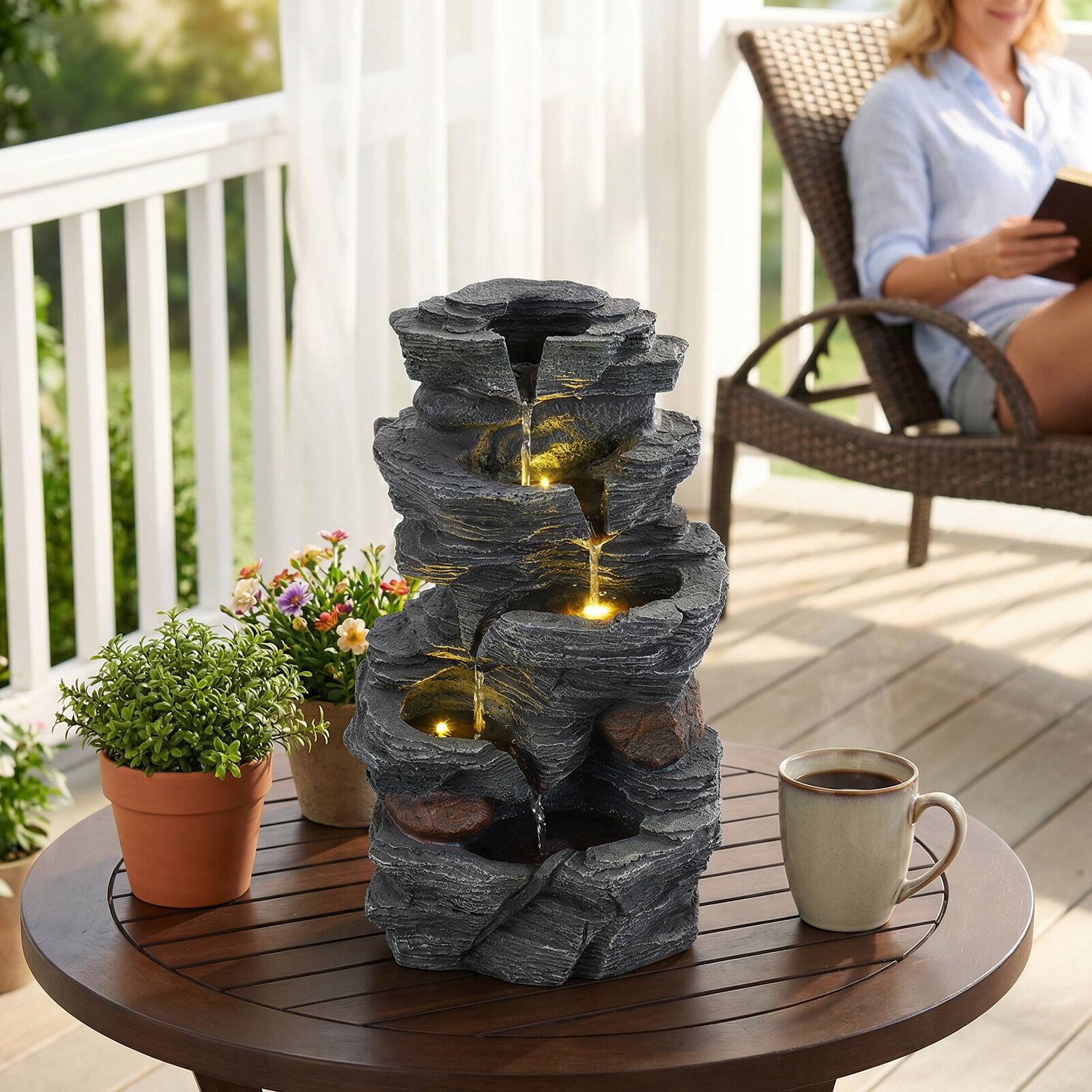 Alt View 4. Costway - Costway 18" H Outdoor Water Fountain 5-Tier Tabletop Cascading Rock Waterfall Feature - Gray.