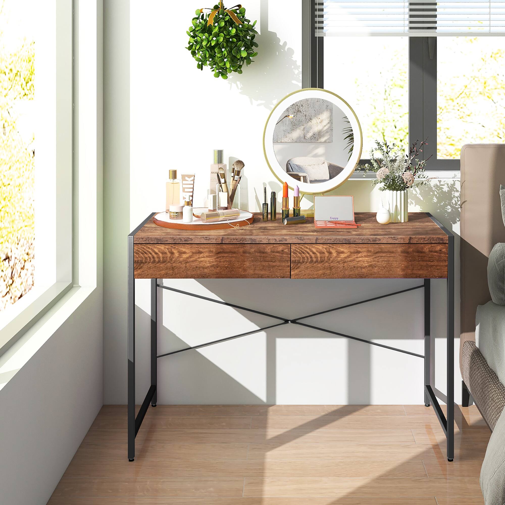 Alt View 11. Costway - Metal Framed Computer Desk with 2 Drawers - Rustic Brown.