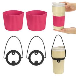 Unique Bargains - Silicone Cup Sleeve, 2pcs Coffee Sleeves with Black Handle Strap, Heat Resistant Reusable Nonslip for Coffee Tea Drinks - Rose Red