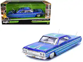 Maisto - 1964 Chevrolet Impala SS Lowrider Candy Blue with Graphics and White Interior "Lowriders" "Maisto Design" Series 1/26 - Candy Blue and White