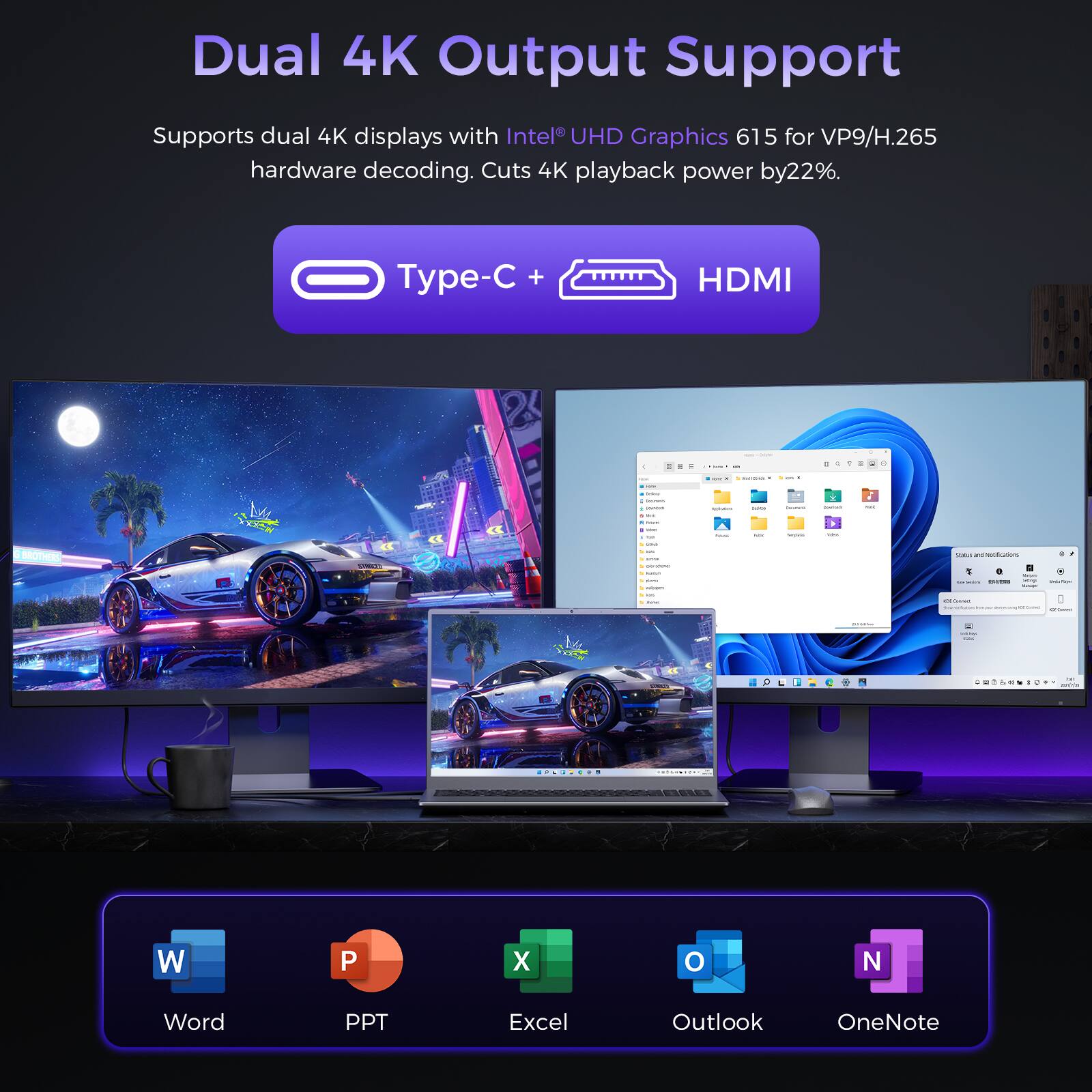 Dual 4K Output Support  
Supports dual 4K displays with Intel UHD Graphics 615 for VP9/H.265 hardware decoding. Cuts 4K playback power by 22%.  
Type-C + HDMI  

- Word  
- PPT  
- Excel  
- Outlook  
- OneNote