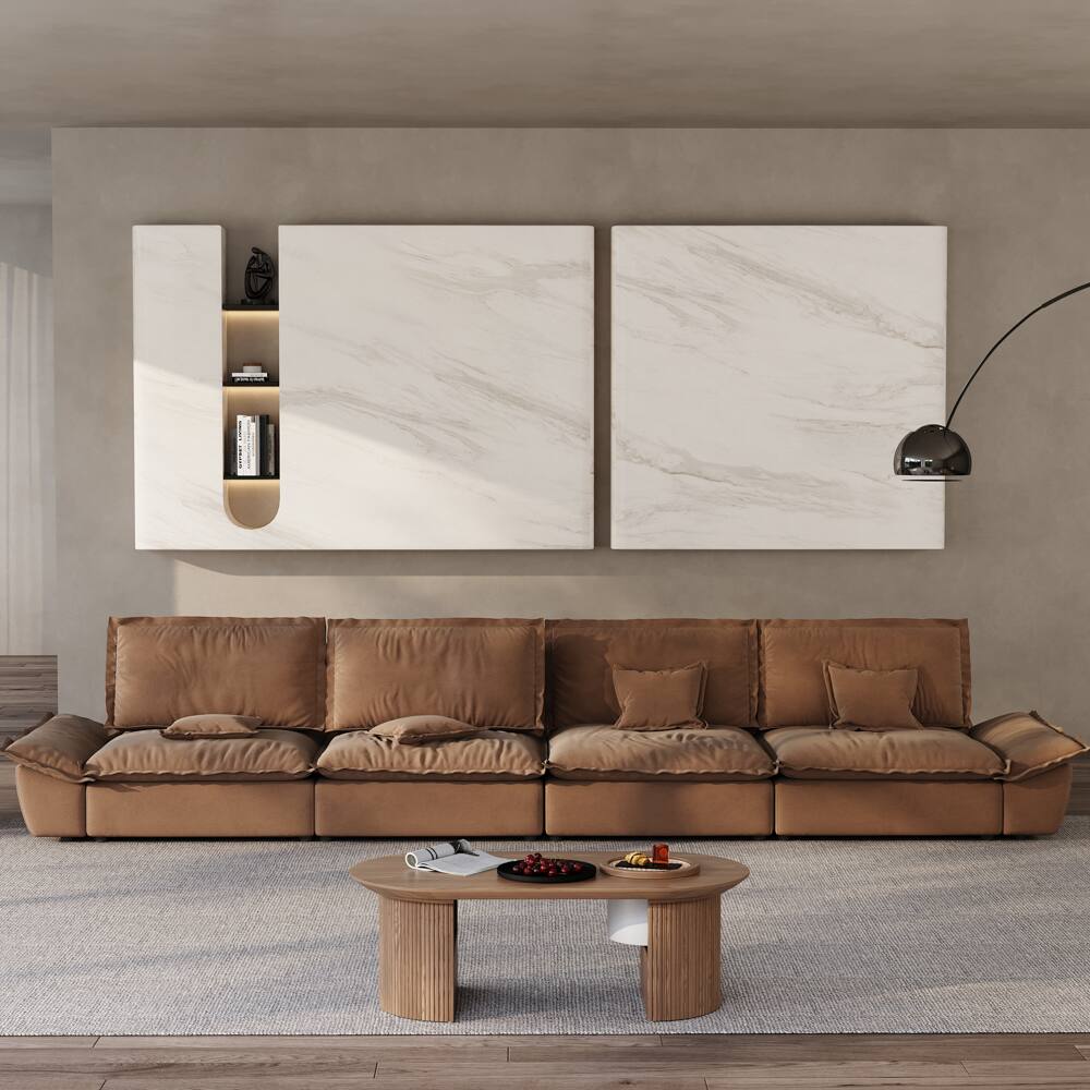 Angle. POVISON - 182.67" Modern Deep Sofa with Adjustable Backrest - Brown Suede Fabric.
