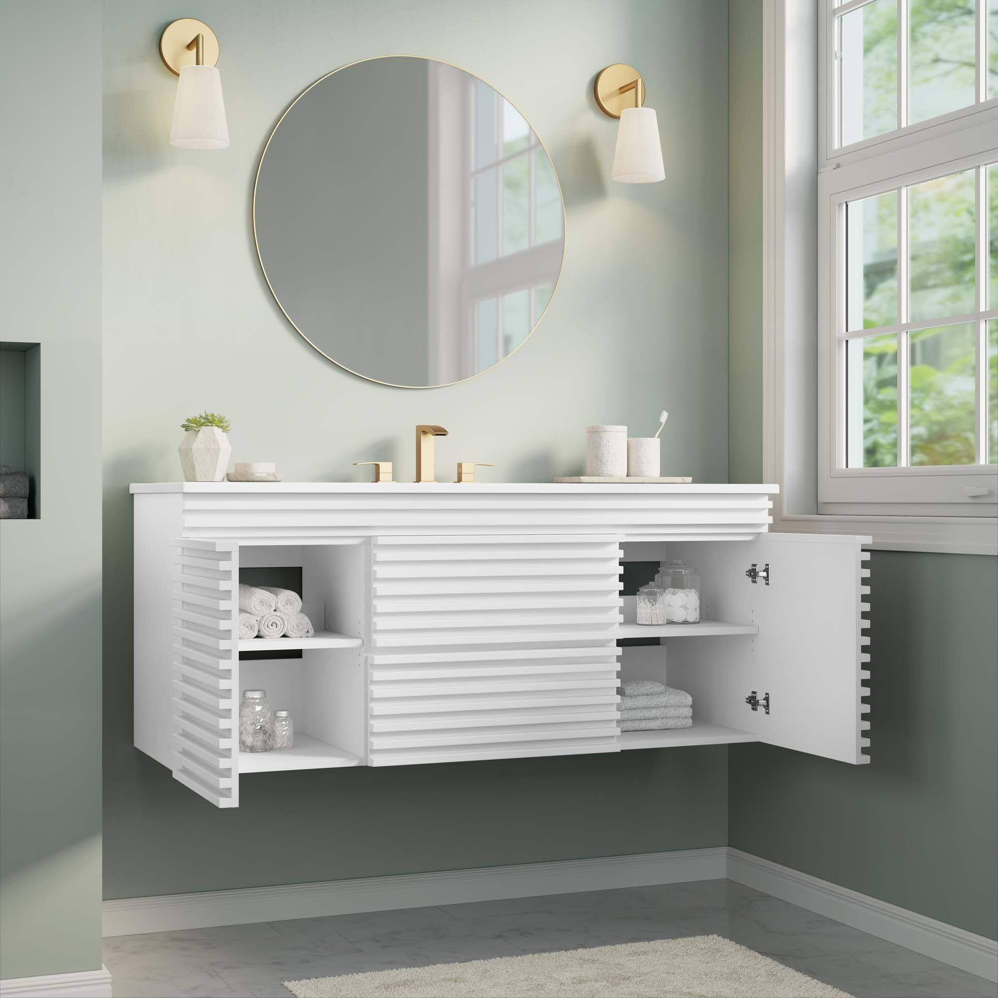 Back. Modway - Render 48" Wall-Mount Bathroom Vanity Basin Included by Modway - White White.