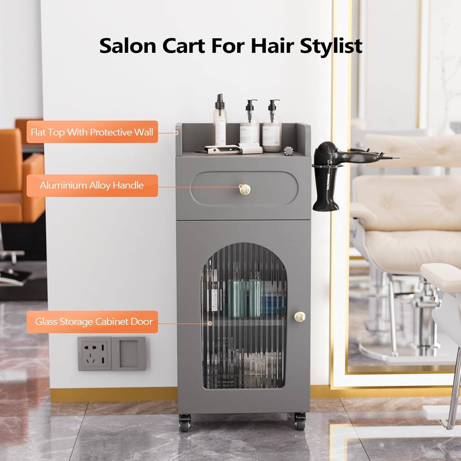 Salon Cart For Hair Stylist

- Flat Top With Protective Wall
- Aluminium Alloy Handle
- Glass Storage Cabinet Door