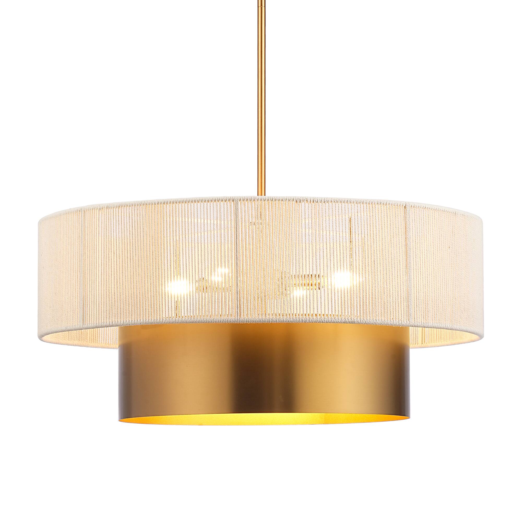 Alt View 6. Parrot Uncle - 24" Modern Boho Handwoven Rope 5 Light Tiered Drum Chandelier with Adjustable Downrods - Vintage Brass.