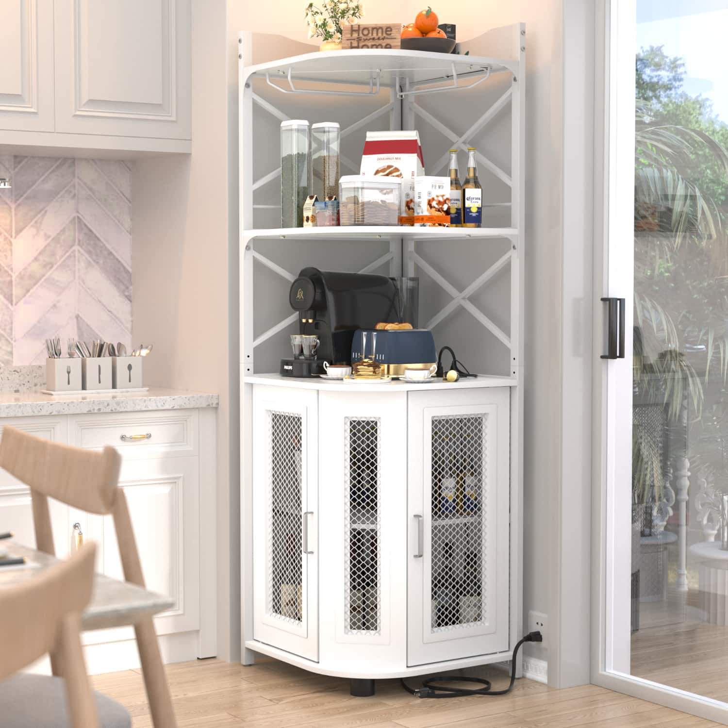 Aheaplus - Industrial 5-Tiers Corner Bar/Wine/Liquor Cabinet with Power Outlet, LED Strip & Glass Holder for Home Small Space - White