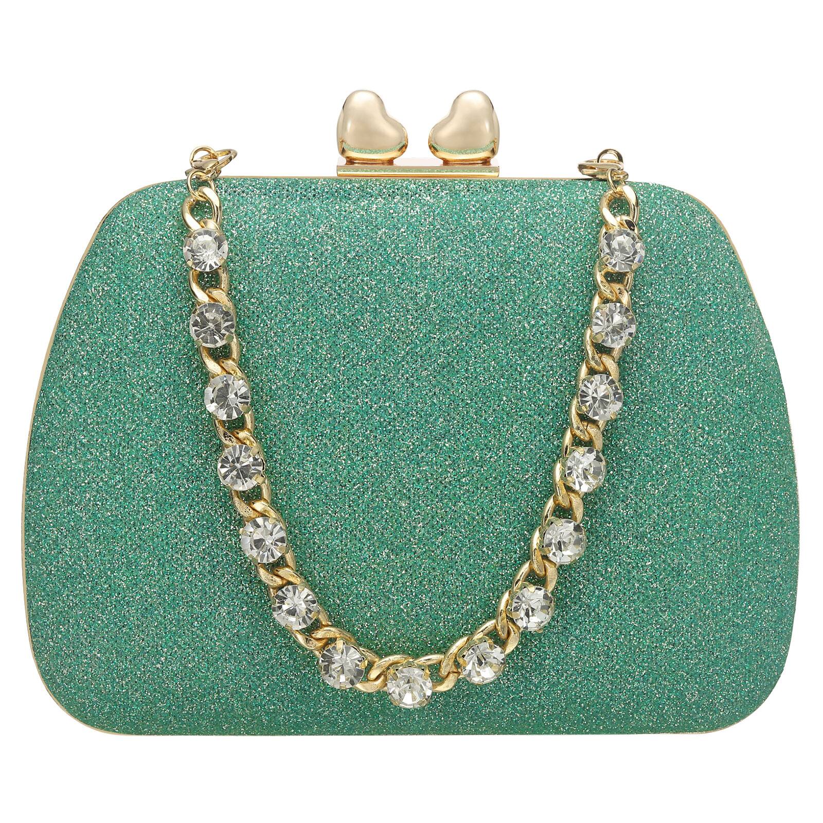 Front. Unique Bargains - Sparkly Evening Clutch Purse for Women, Vintage Heart Shape Buckle Clasp Handbag for Bridal Wedding 1920s Party - Green.