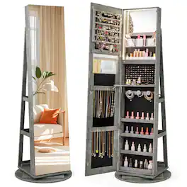 Gymax - 360° Rotating Mirrored Jewelry Cabinet Armoire 3 Color LED Modes Lockable - Light Gray