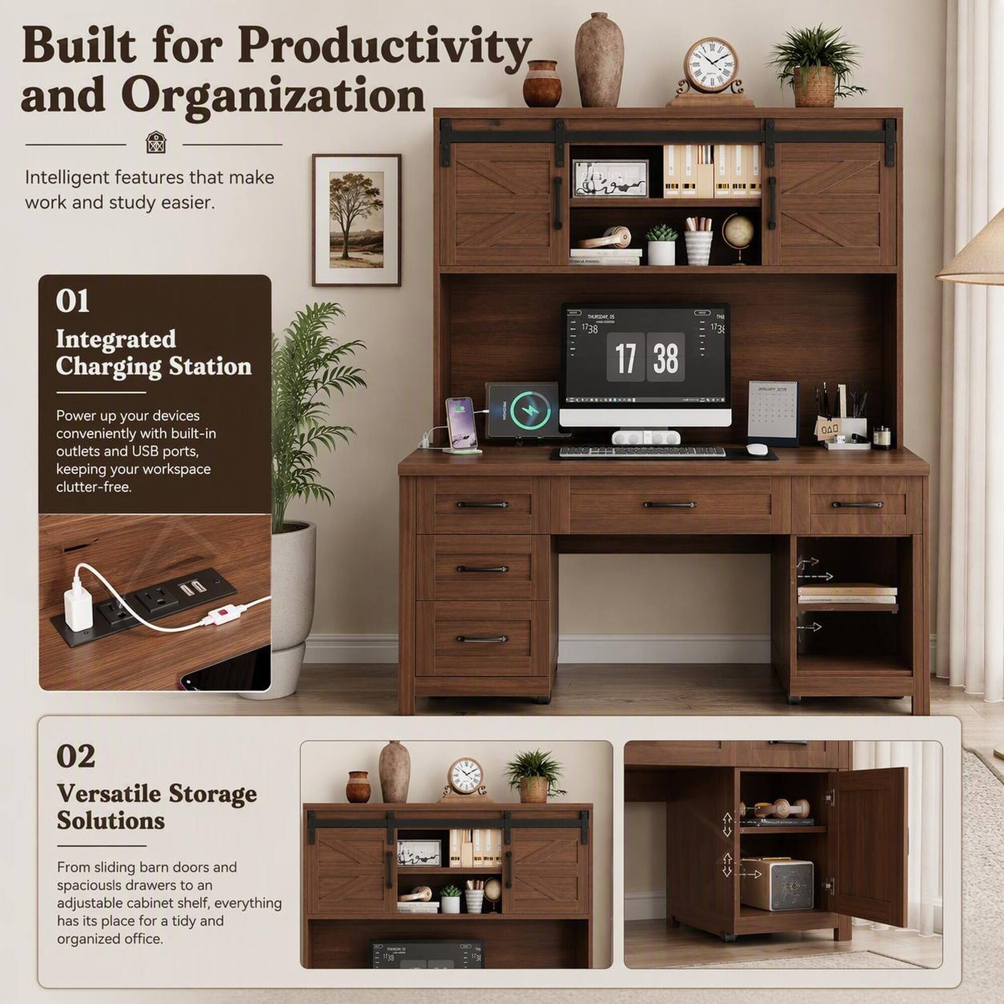 RYHNUYNE Farmhouse Executive Desk with Charging Station, 61 inch ...