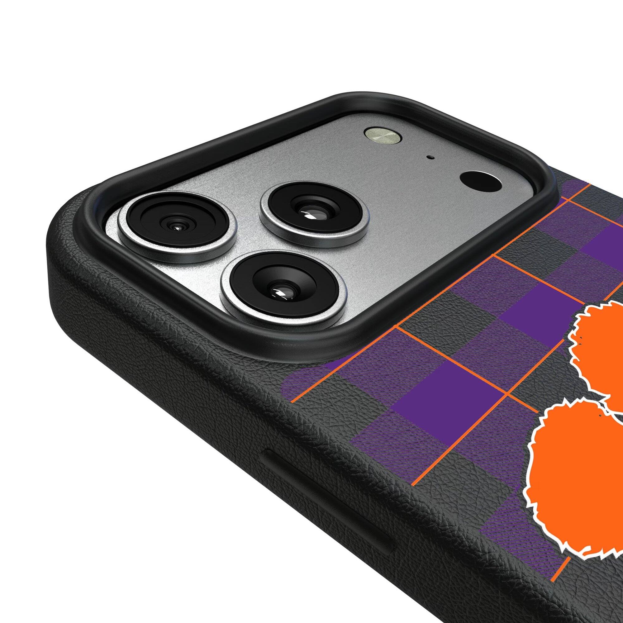 Alt View 2. Keyscaper - Clemson Tigers Plaid Magnetic Bump iPhone Case - 16 Pro - Black.