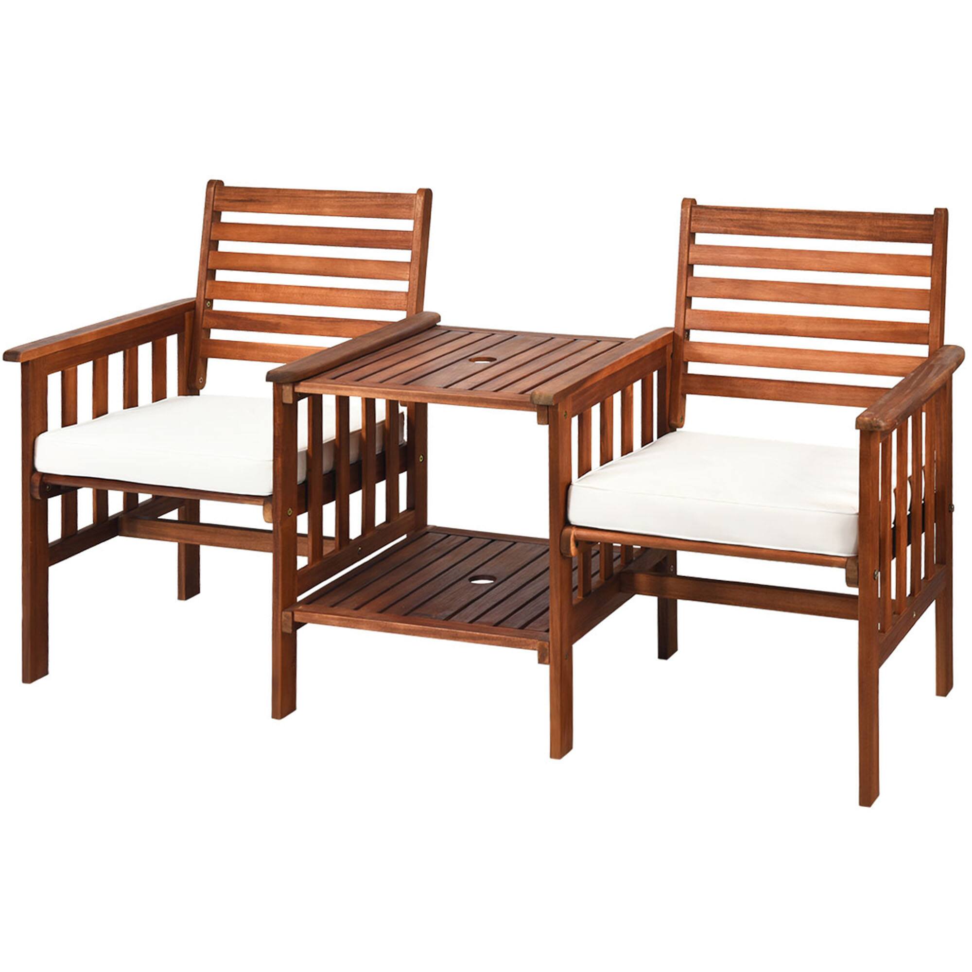 Alt View 1. Gymax - Gymax Acacia Wood Loveseat Patio Outdoor Conversation Set w/ Table White Cushion - White+Brown.