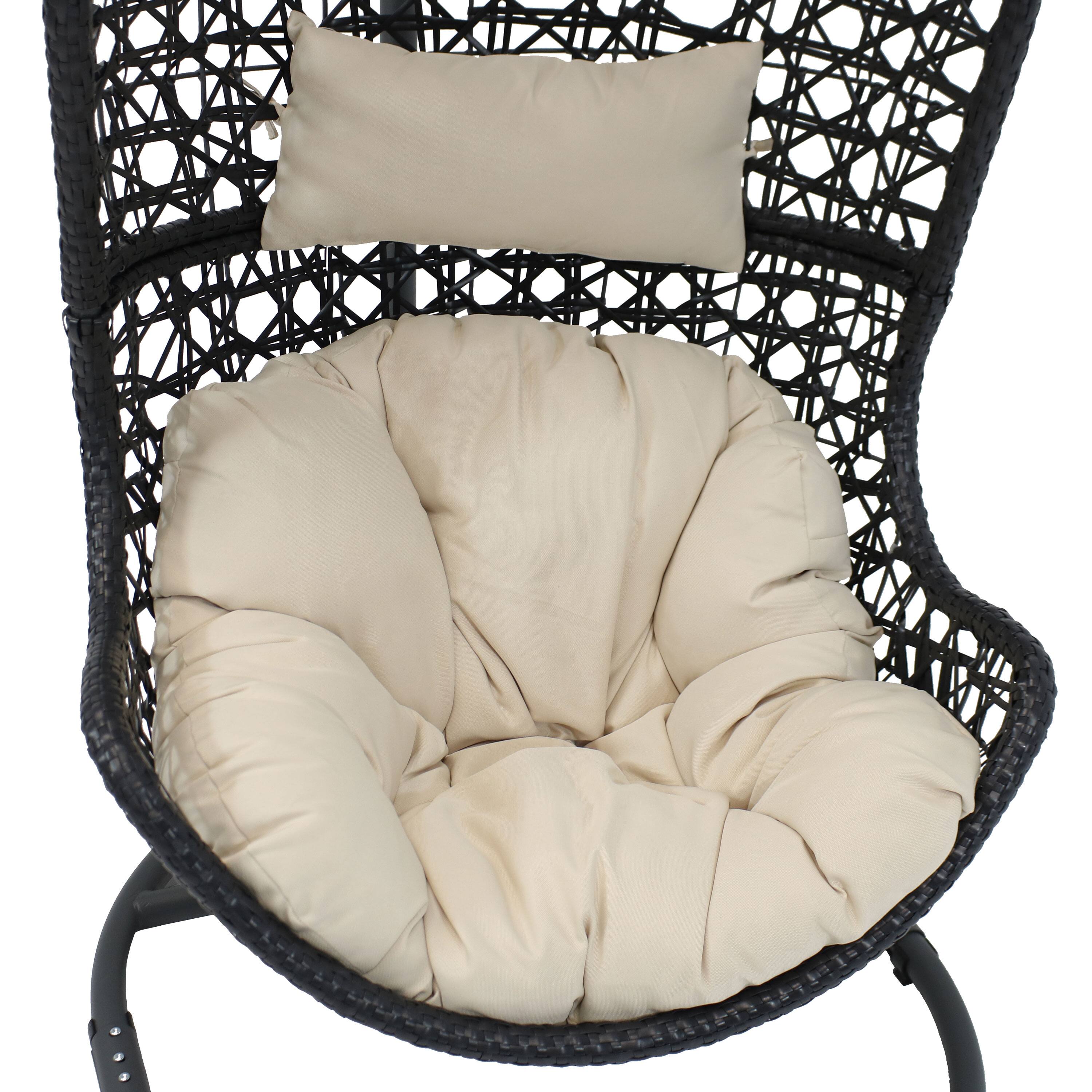 Alt View 7. Sunnydaze - Resin Wicker Hanging Egg Chair with Steel Stand/Cushions - Beige Cushions.