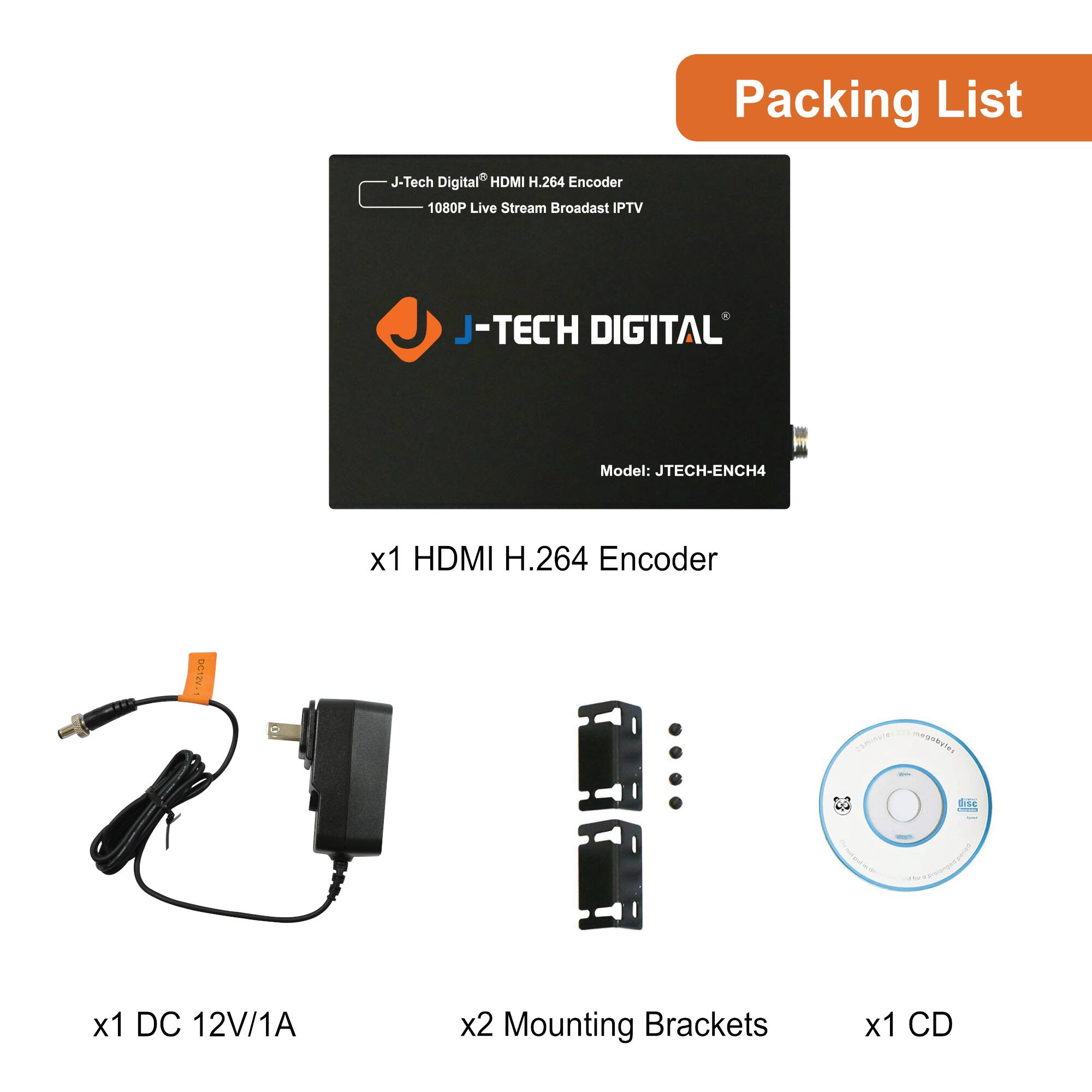 Packing List

- x1 HDMI H.264 Encoder
- x1 DC 12V/1A
- x2 Mounting Brackets
- x1 CD